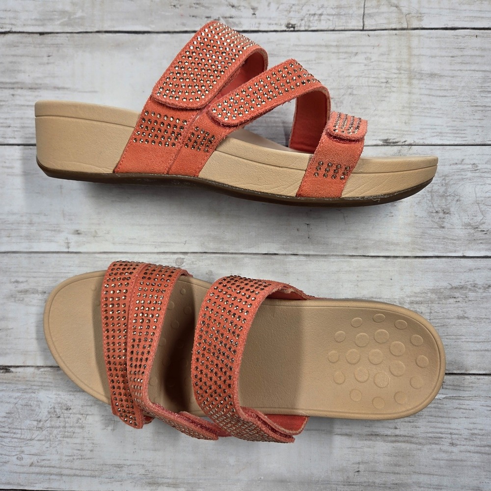 Vionic Alexis Wedge Sandals Slide Women 10 Coral Suede Rhinestone Straps TVW5629